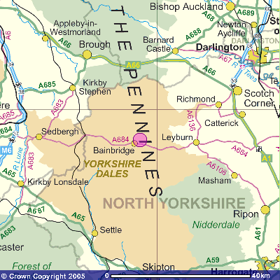 Askrigg's location between the M6 and A1 in North Yorkshire